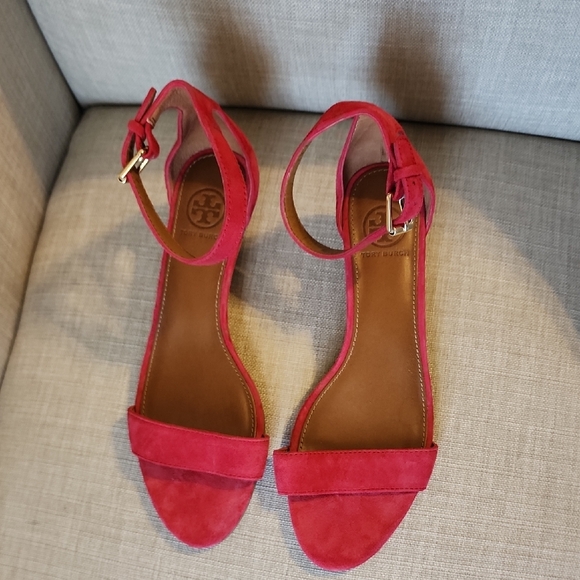 Tory Burch Savannah Wedge Red Suede Sandal Size 7.5 - Picture 7 of 7